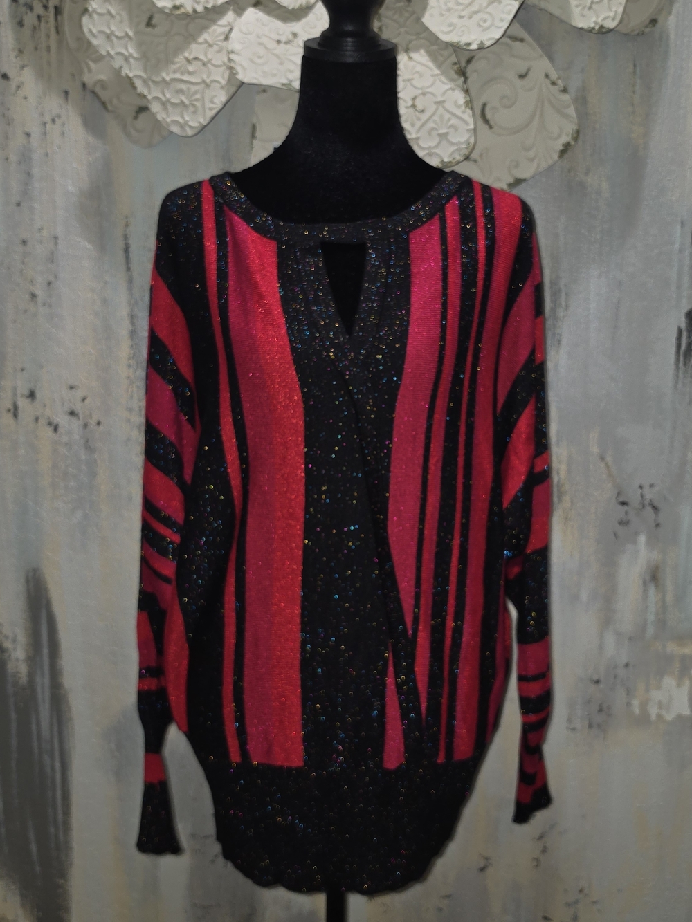 NWT Joseph A Black,Red & Hot Pink Sparkle Striped Keyhole Party/ Elegant Sweater